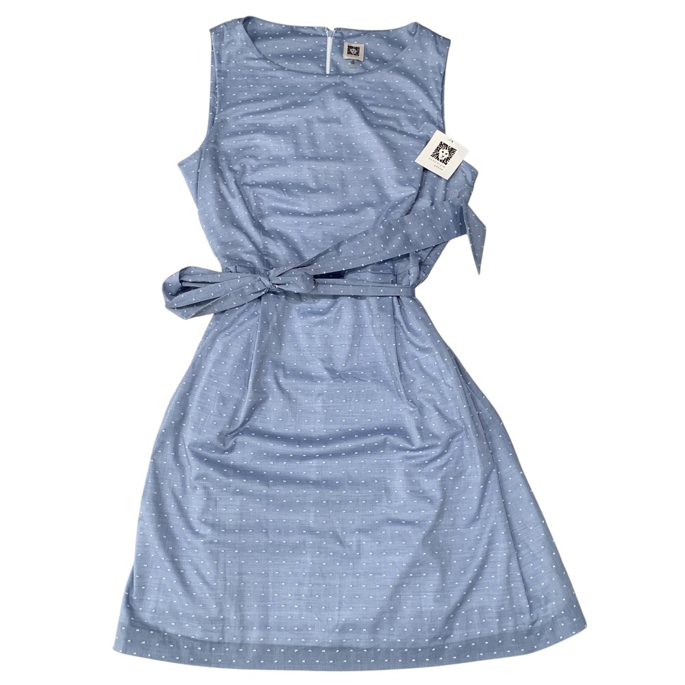 Anne Klein Blue Swiss Dot Sleeveless Belted Fit & Flare Dress NWT NEW Size 14